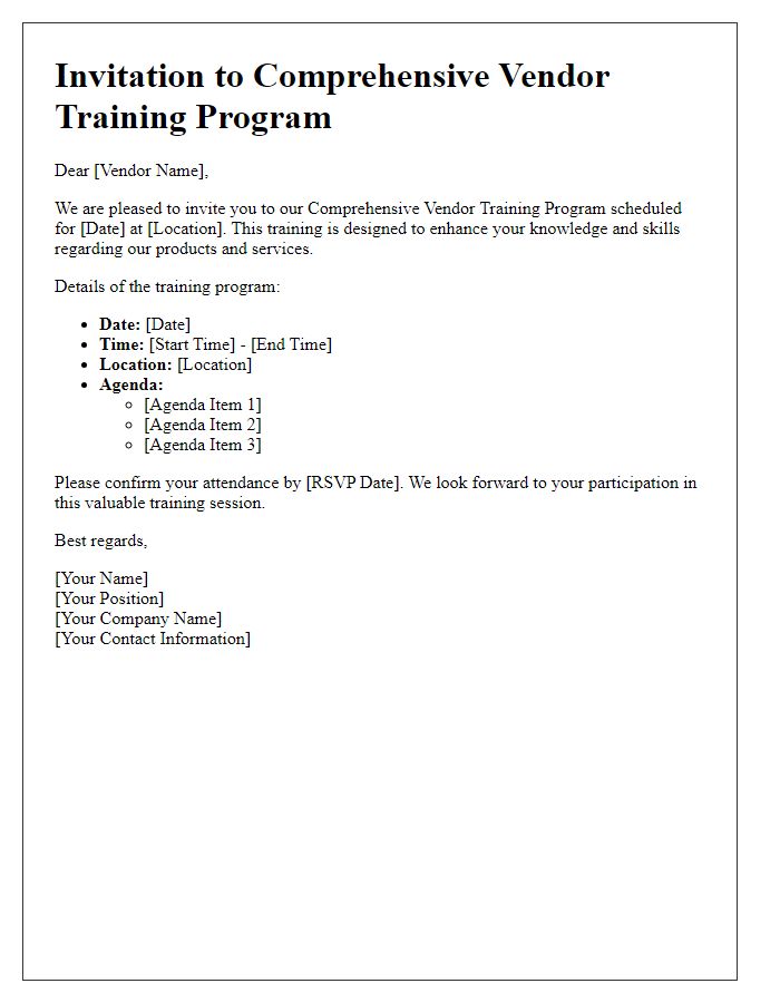 Letter template of Invitation to Comprehensive Vendor Training Program