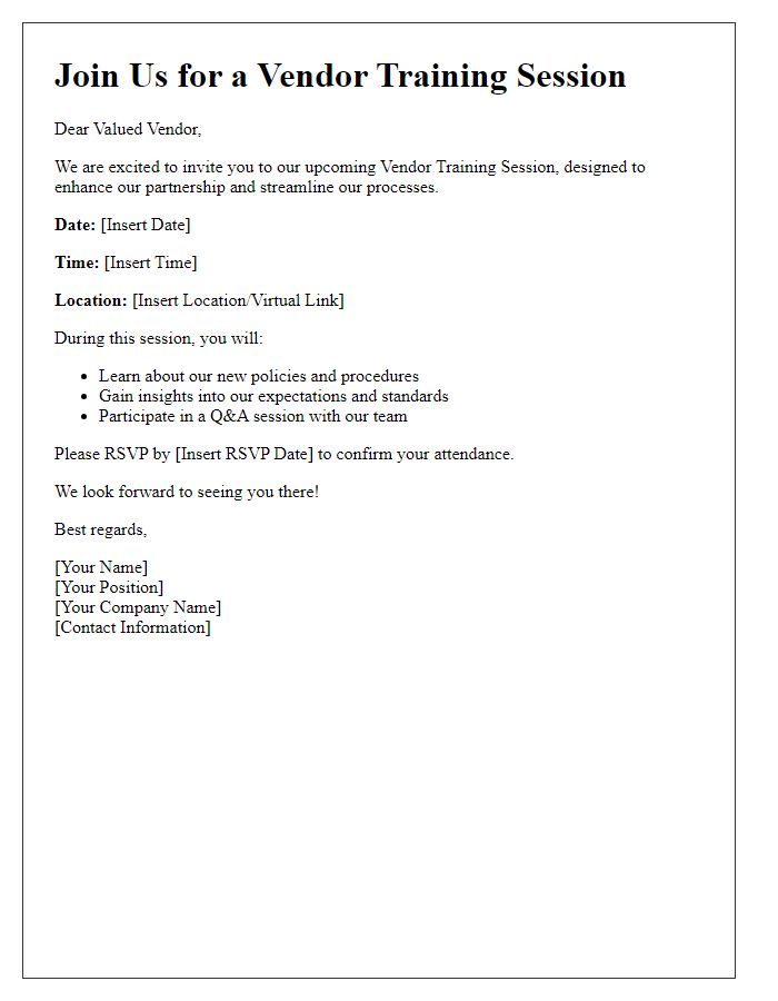 Letter template of Join Us for a Vendor Training Session