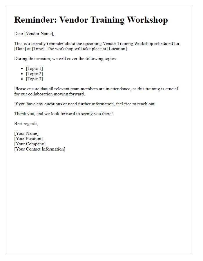 Letter template of Reminder for Scheduled Vendor Training Workshop