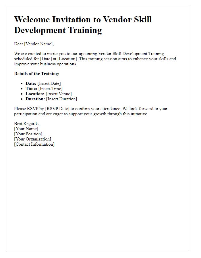 Letter template of Welcome Invitation to Vendor Skill Development Training