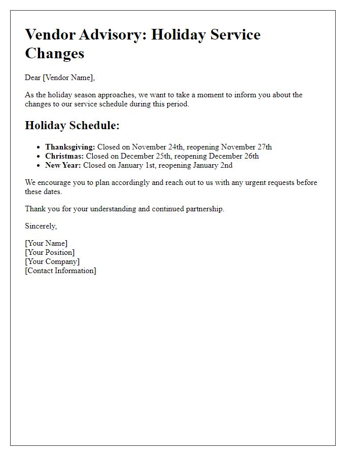 Letter template of vendor advisory for holiday service changes