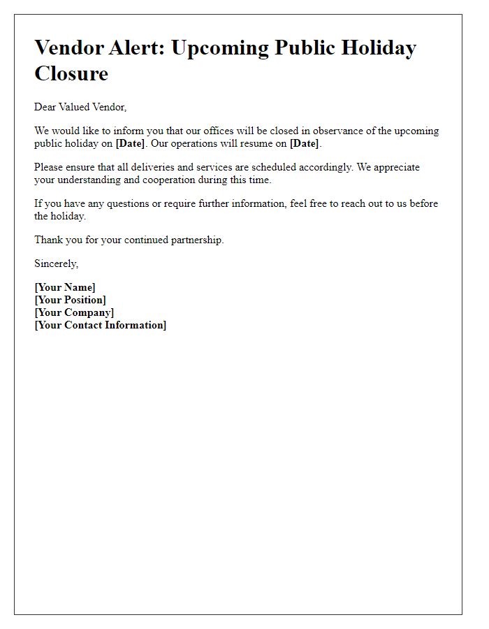 Letter template of vendor alert for upcoming public holiday closure