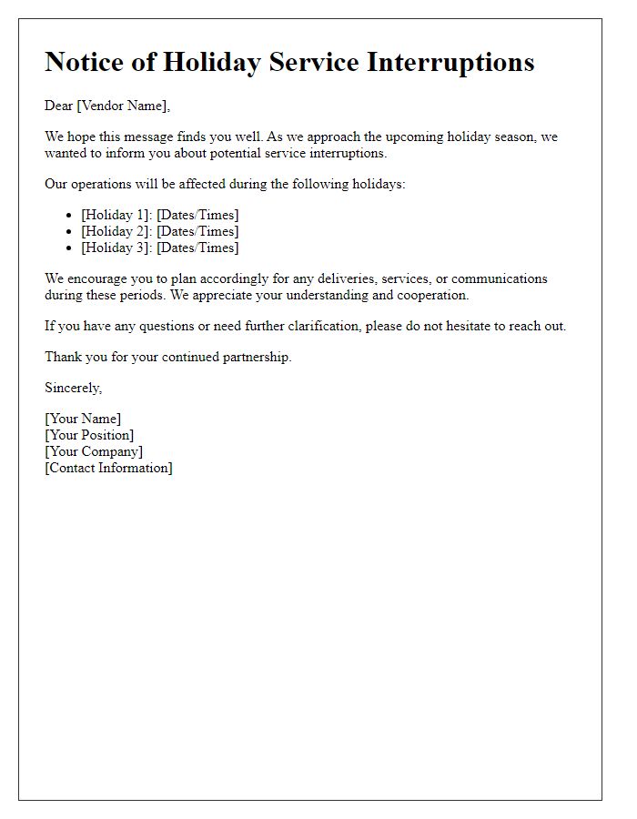 Letter template of vendor communication on holiday service interruptions