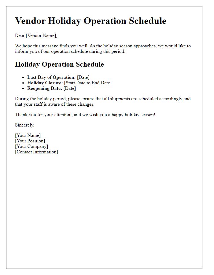 Letter template of vendor holiday operation schedule