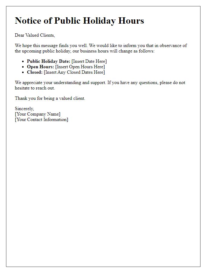 Letter template of vendor informing clients about public holiday hours