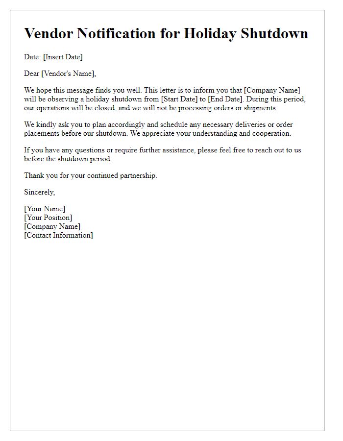 Letter template of vendor notification for holiday shutdown