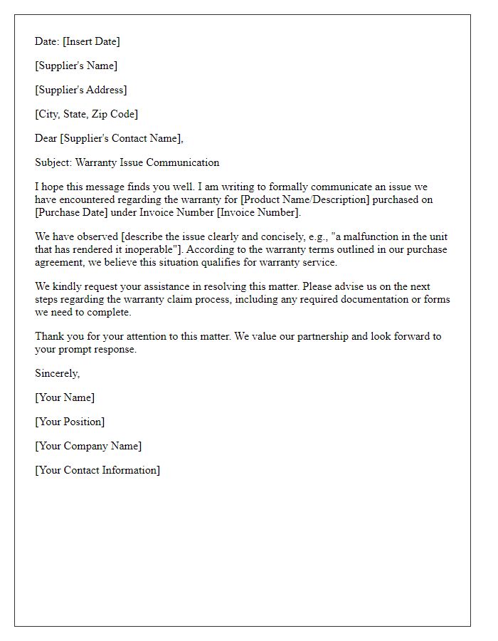 Letter template of Supplier Warranty Issue Communication