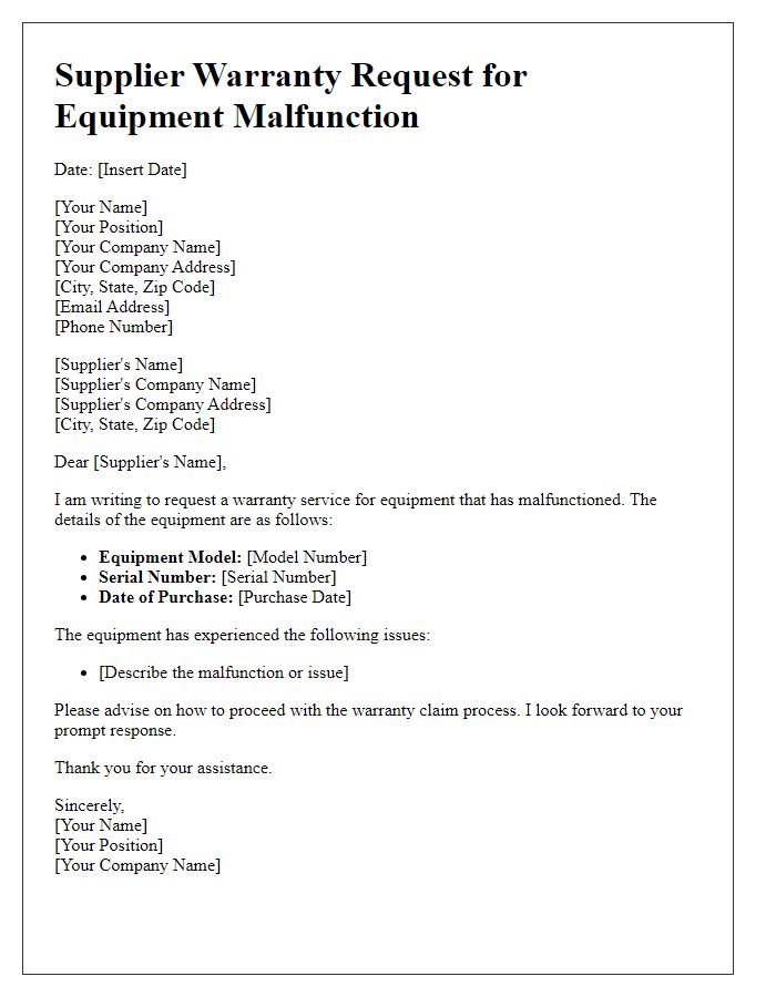 Letter template of Supplier Warranty Request for Equipment Malfunction