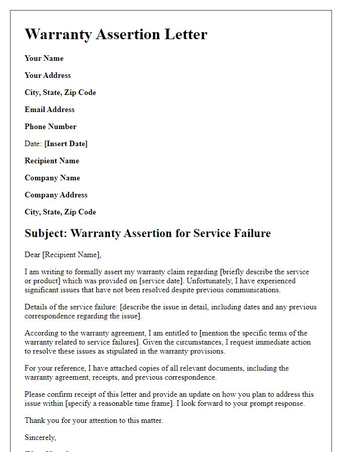 Letter template of Warranty Assertion for Service Failures