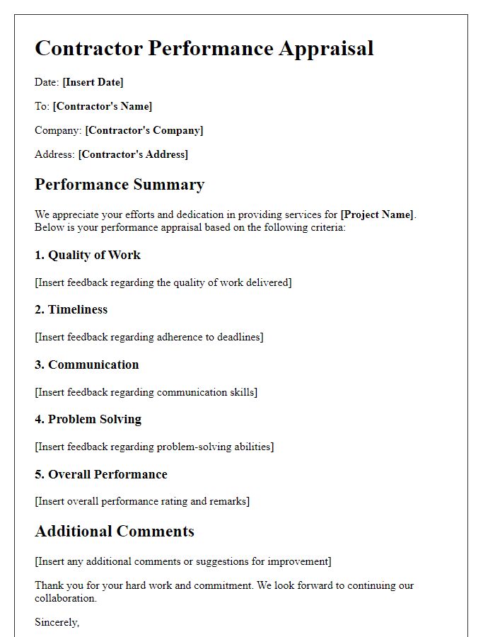 Letter template of contractor performance appraisal