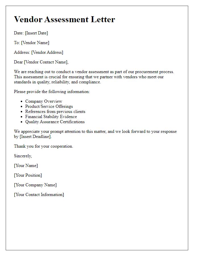 Letter template of procurement vendor assessment