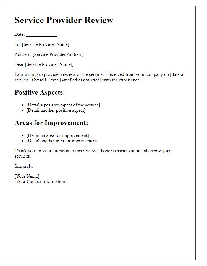 Letter template of service provider review