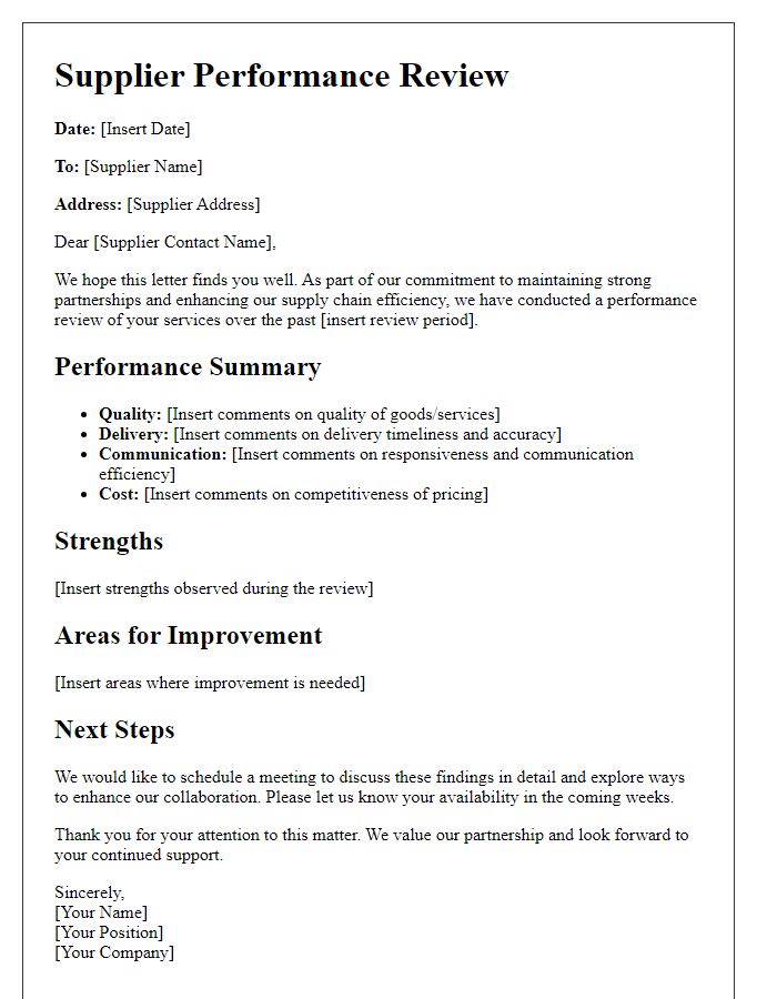 Letter template of supplier performance review