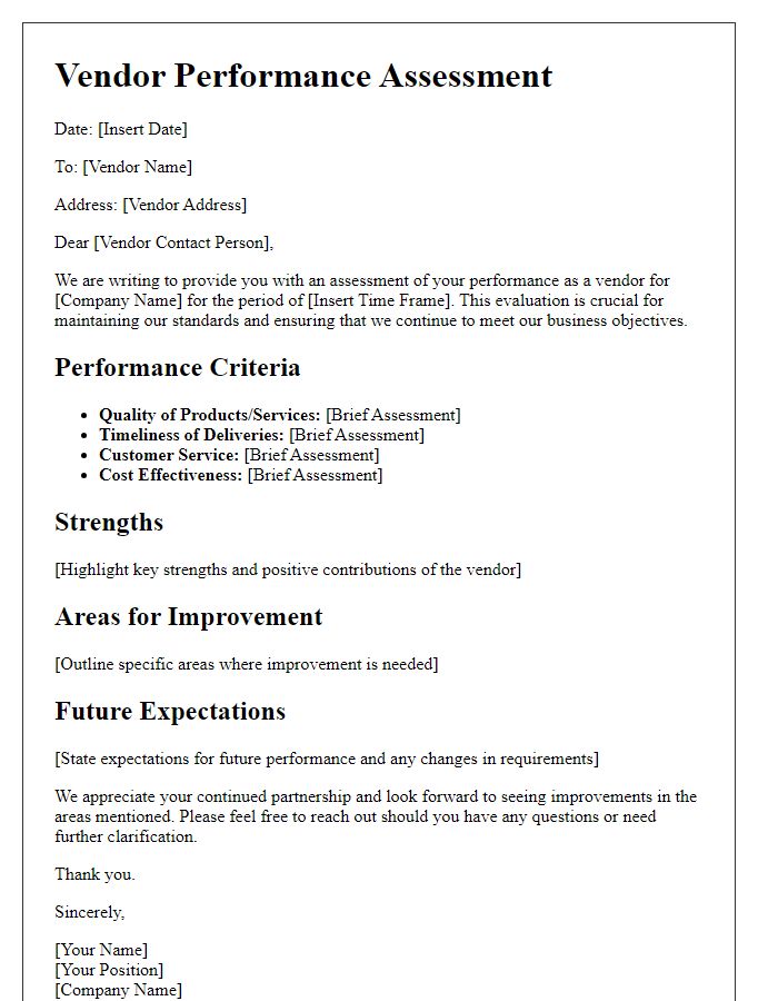 Letter template of vendor performance assessment