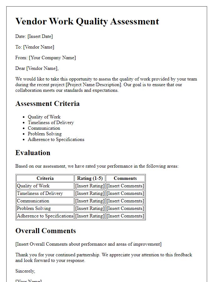 Letter template of vendor work quality assessment