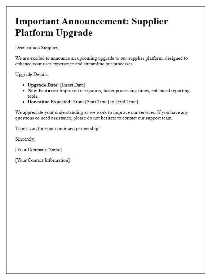 Letter template of supplier platform upgrade announcement