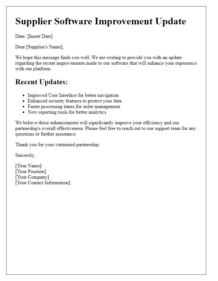 Letter template of supplier software improvement update