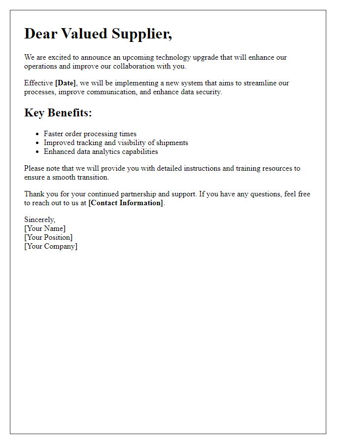 Letter template of supplier tech upgrade announcement