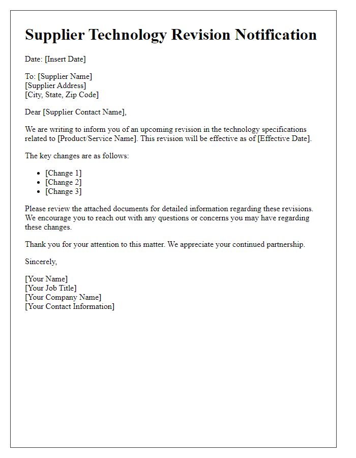 Letter template of supplier technology revision notification