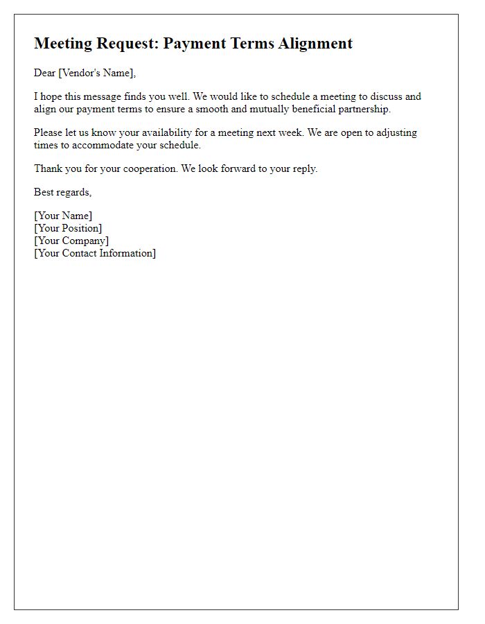 Letter template of payment terms alignment meeting request with vendor