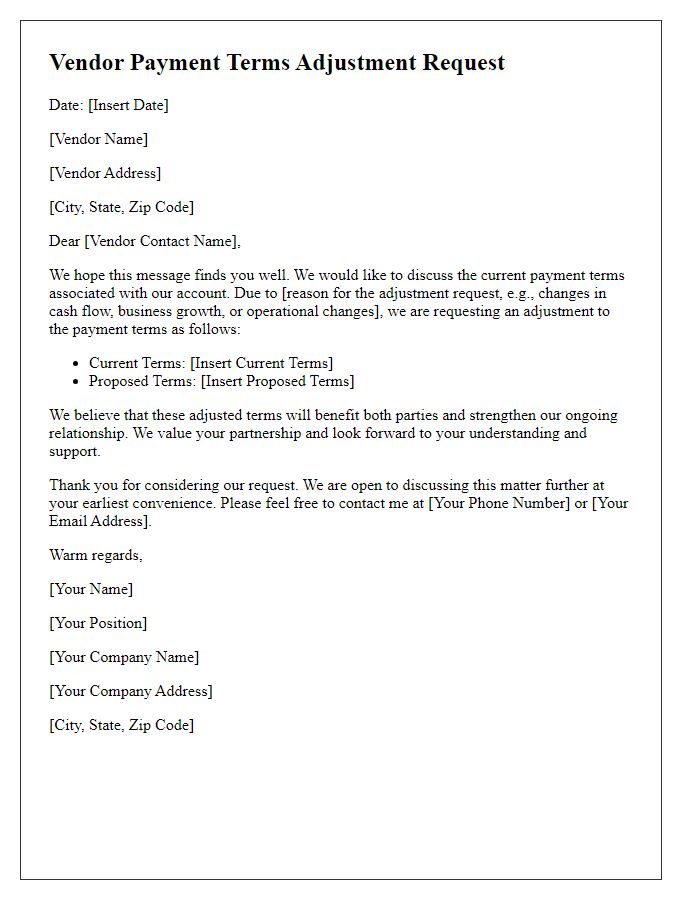 Letter template of vendor payment terms adjustment request