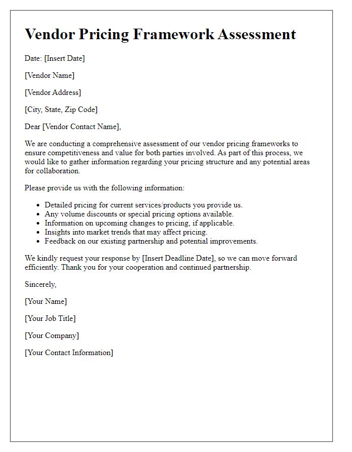 Letter template of vendor pricing framework assessment