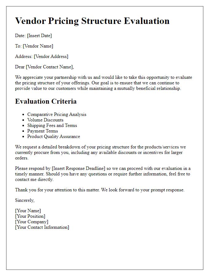 Letter template of vendor pricing structure evaluation