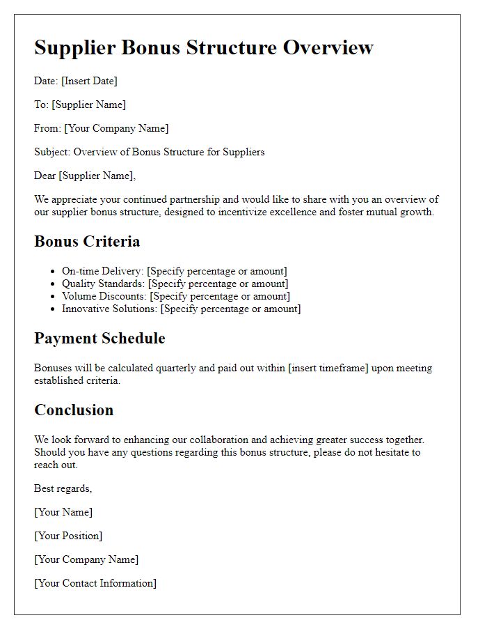 Letter template of supplier bonus structure overview.