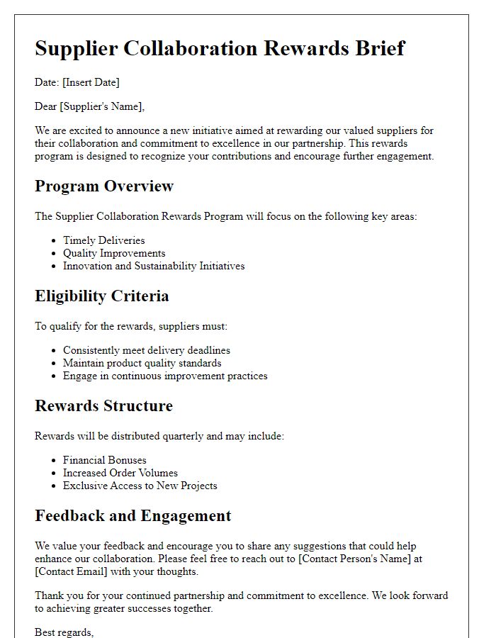 Letter template of supplier collaboration rewards brief.