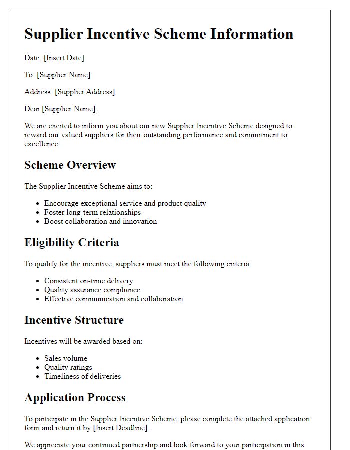 Letter template of supplier incentive scheme information.