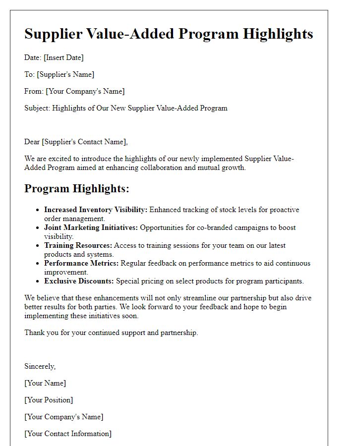 Letter template of supplier value-added program highlights.