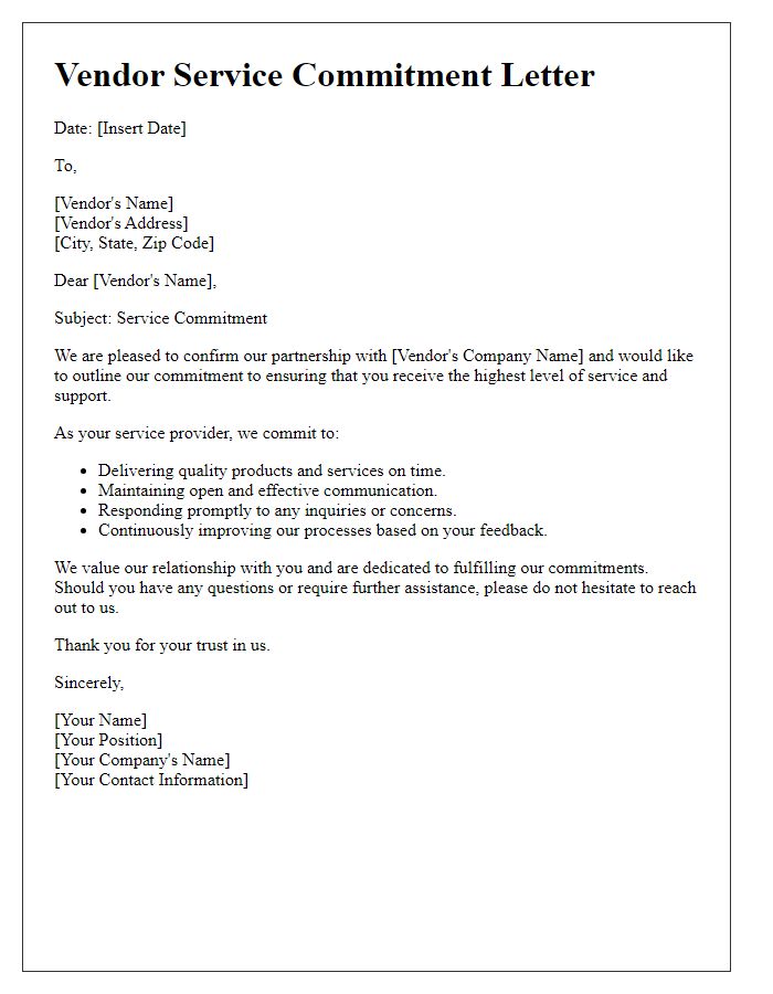 Letter template of vendor service commitment letter