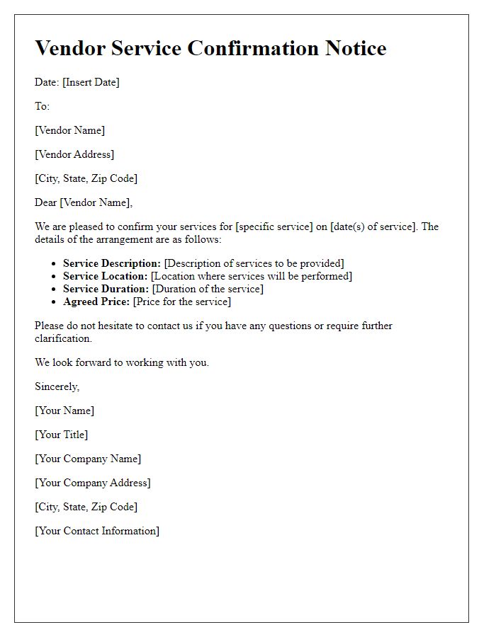Letter template of vendor service confirmation notice