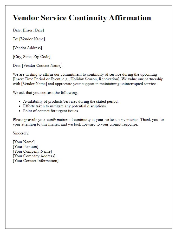 Letter template of vendor service continuity affirmation