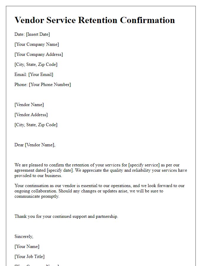 Letter template of vendor service retention confirmation