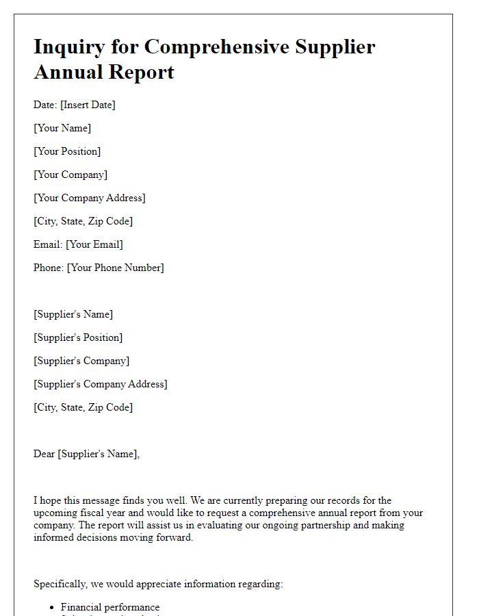 Letter template of Inquiry for Comprehensive Supplier Annual Report