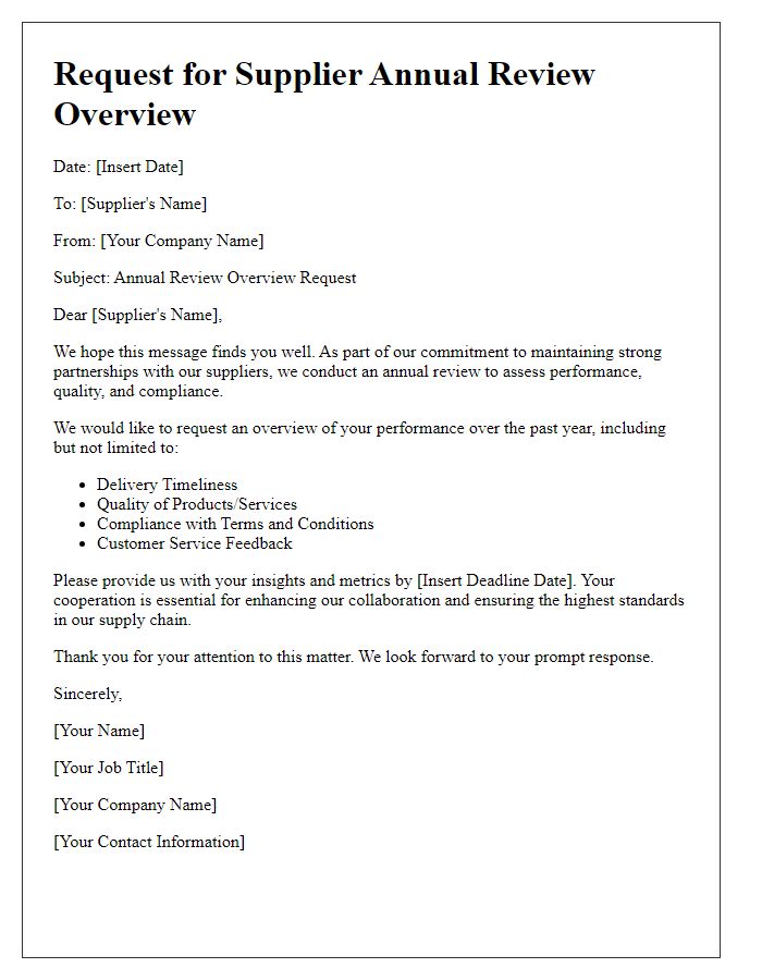 Letter template of Request for Supplier Annual Review Overview