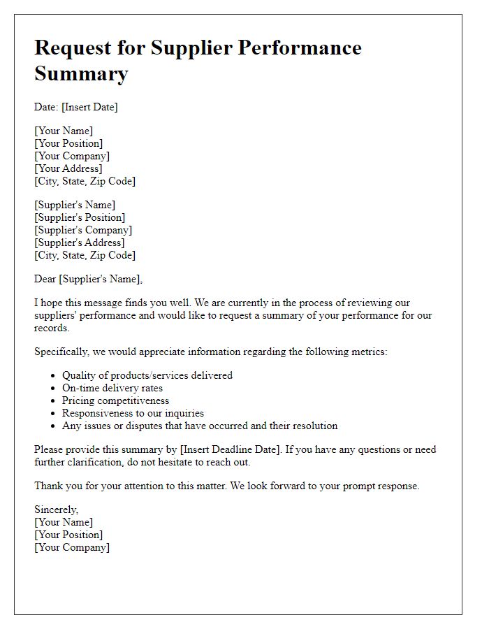 Letter template of Request for Supplier Performance Summary