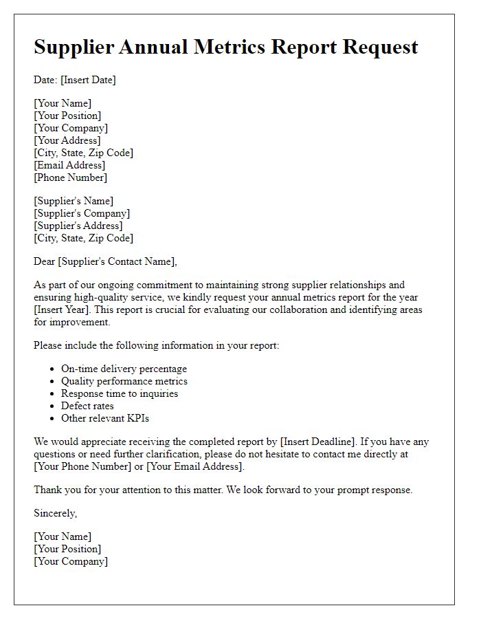 Letter template of Supplier Annual Metrics Report Request