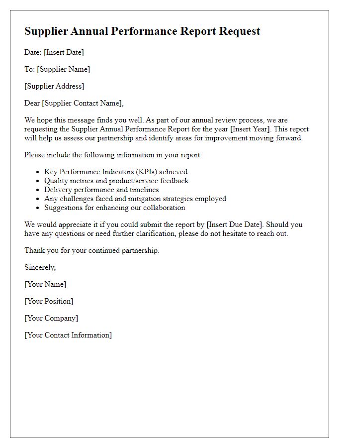 Letter template of Supplier Annual Performance Report Request