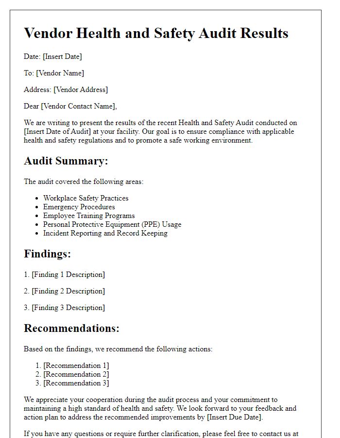 Letter template of vendor health and safety audit results