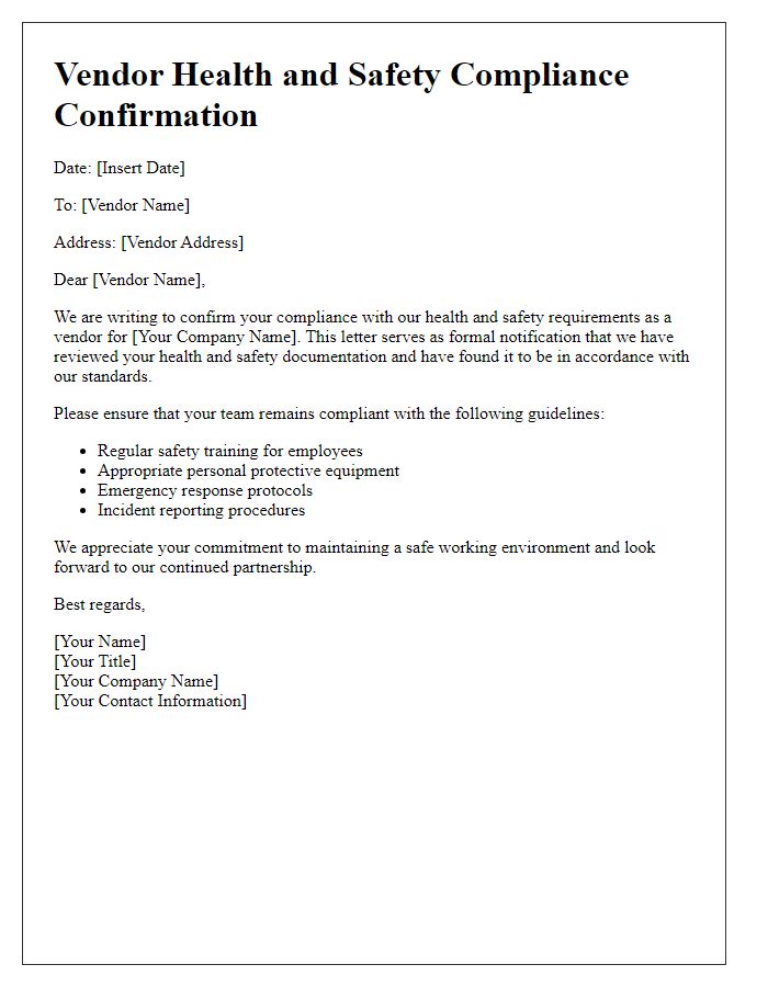 Letter template of vendor health and safety compliance confirmation