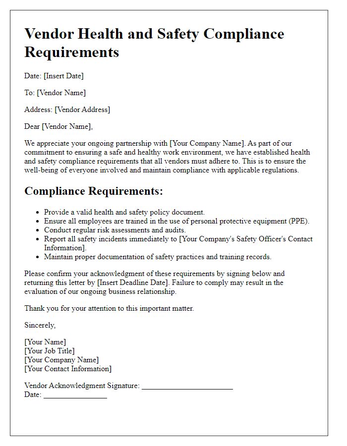 Letter template of vendor health and safety compliance requirements