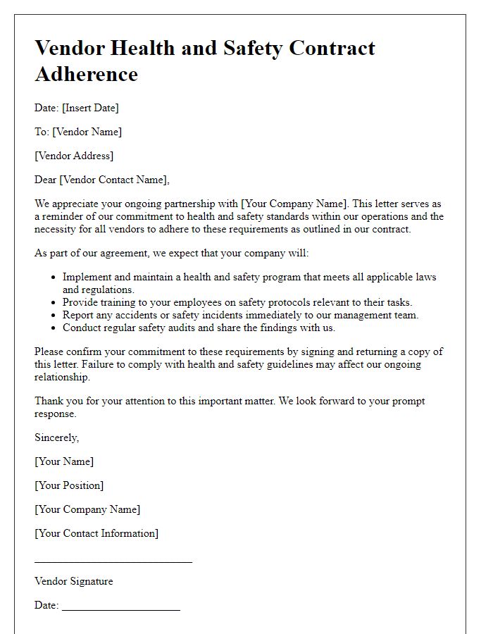 Letter template of vendor health and safety contract adherence