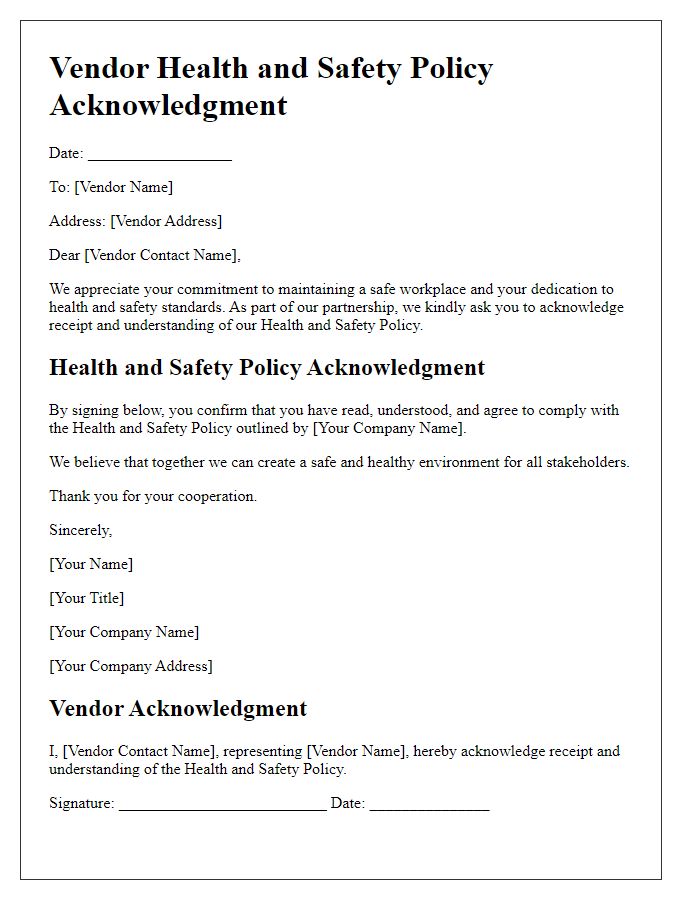 Letter template of vendor health and safety policy acknowledgment