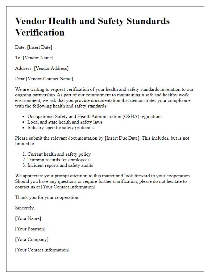 Letter template of vendor health and safety standards verification