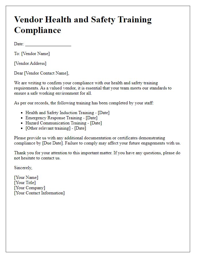 Letter template of vendor health and safety training compliance