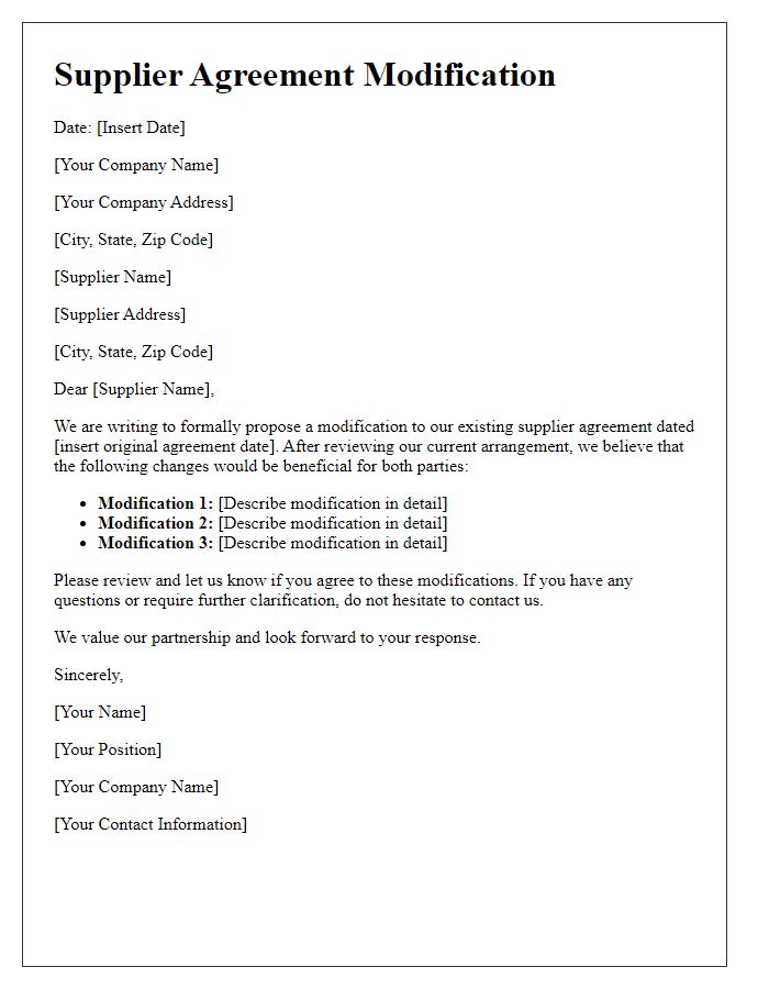 Letter template of supplier agreement modification