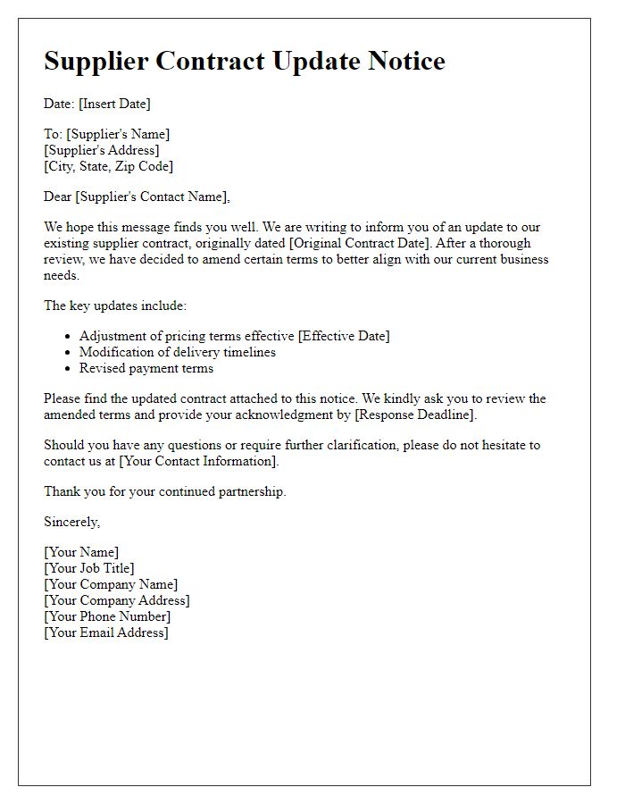 Letter template of supplier contract update notice