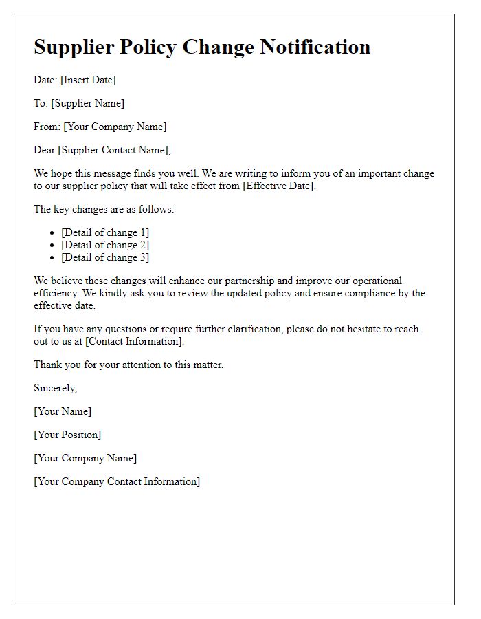 Letter template of supplier policy change notification